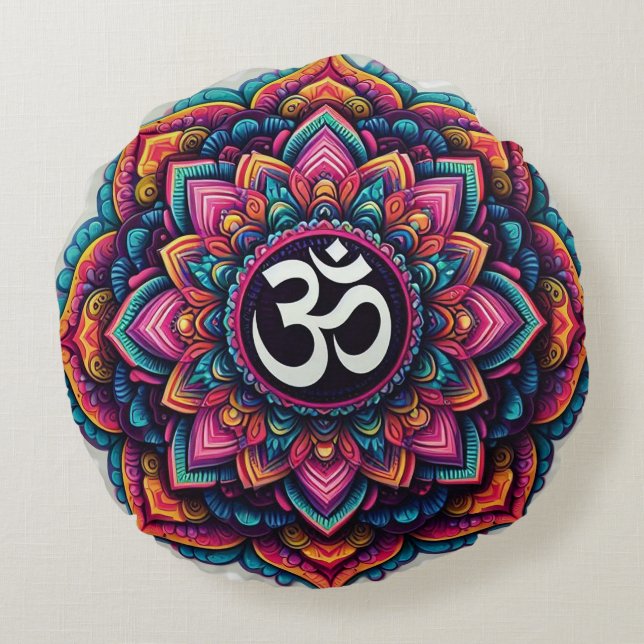 Hindu Om Symbol in a colourful mandala design Round Cushion (Back)