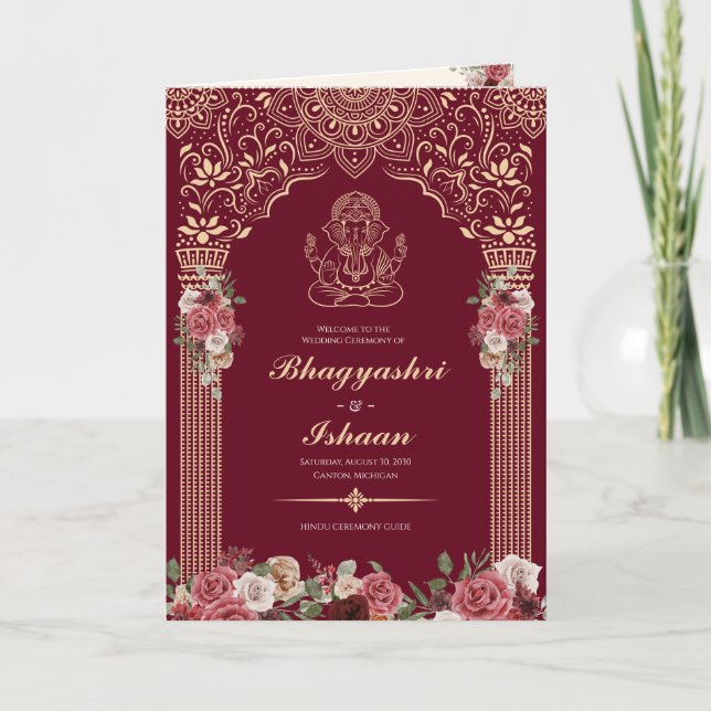 Hindu Wedding Ceremony Guide (Red, Pink Gold)  Program (Front)