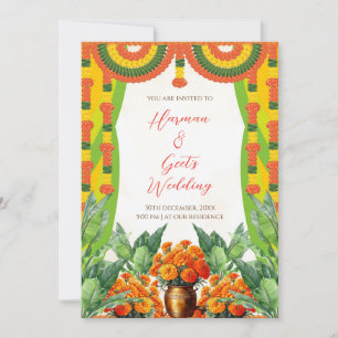 Hindu Wedding Invitation Marigold Garland Floral