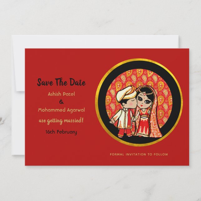 Hindu Wedding Invitations Red Gold Cartoon Couple (Front)