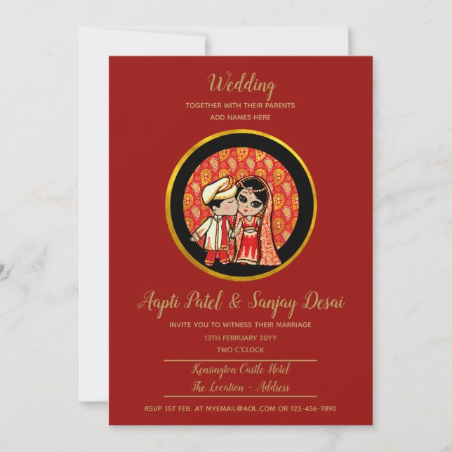 Hindu Wedding Invitations Red Gold Cartoon Couple (Front)