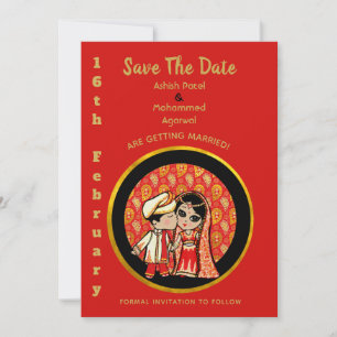 Hindu Wedding Invitations Red Gold Cartoon Couple
