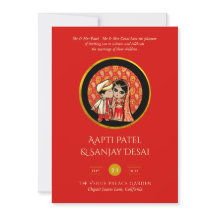 Hindu Wedding Invitations Red Gold Cartoon Couple