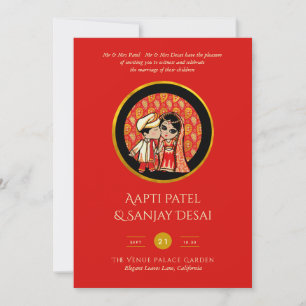 Hindu Wedding Invitations Red Gold Cartoon Couple