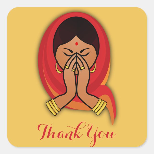 Hindu Woman in Namaste Pose Thank You Square Sticker (Front)