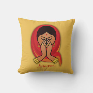 Hindu Woman with Head Scarf in Namaste Greeting Cushion