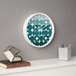 Hip Abstract Half Circles Fusion Art Pattern Clock<br><div class="desc">Beautiful contemporary pastel, light, medium and dark aqua seafoam seaglass teal blue green and white coloured geometric circles and half circles pattern on a crisp white background. Elegant, stylish and eclectic minimalism design for the artistic interior designer, the artsy décor decorator, popular hip trendsetter, vintage retro art style or abstract...</div>