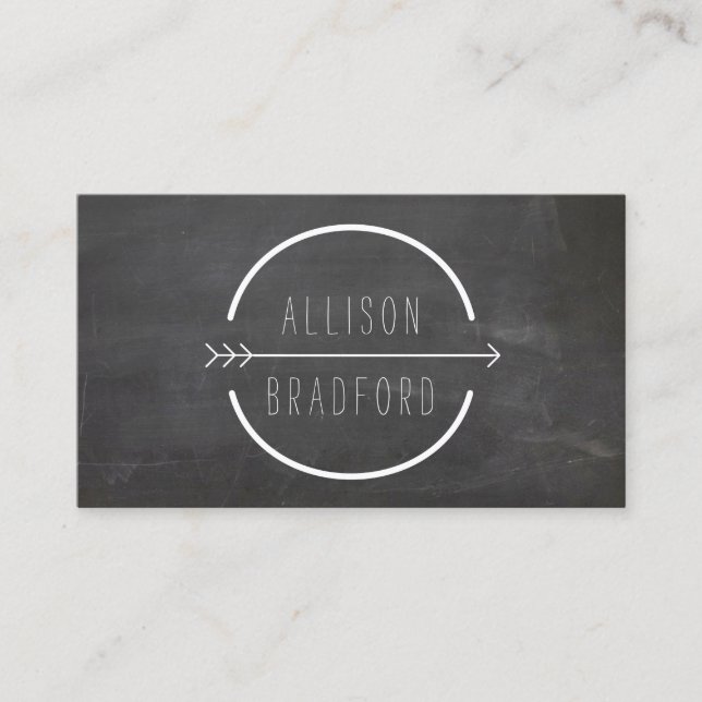 Hip and Rustic Arrow Logo on Black Chalkboard Business Card (Front)