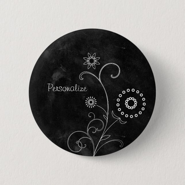 Hip Black and White Foral Chalkboard With Name 6 Cm Round Badge (Front)