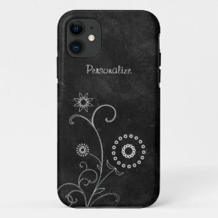 Hip Black and White Foral Chalkboard With Name iPhone 11 Case