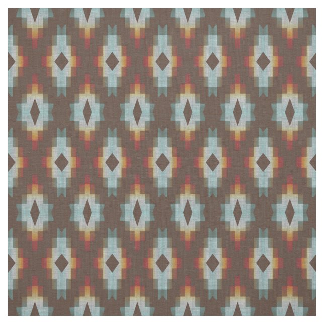 Hip Blue Orange Red Brown Tribal Art Pattern Fabric (Swatch)