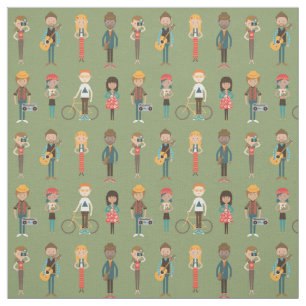 Hip Cartoon People Illustrations Pattern (Green) Fabric