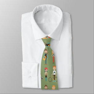 Hip Cartoon People Illustrations Pattern (Green) Tie