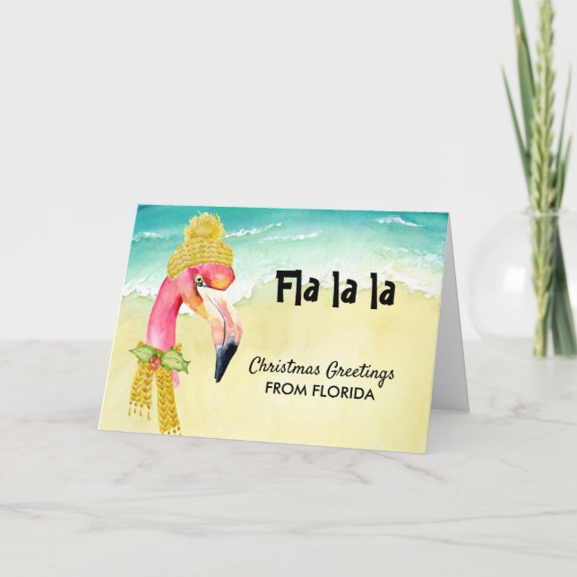 Hip Flamingo Chrismas Greetings from Florida Holiday Card (Front)