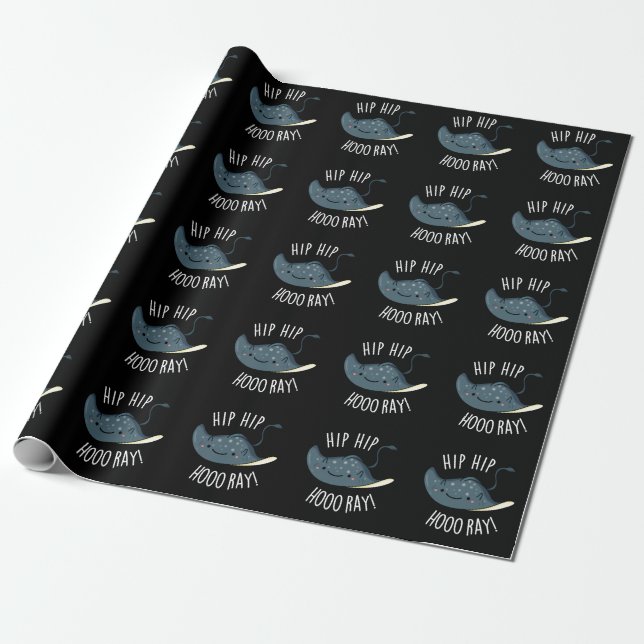 Hip Hip Hoo-ray Funny Sting Ray Pun Dark BG Wrapping Paper (Unrolled)