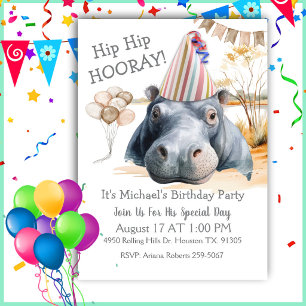 Hip Hip Hooray Hippo Birthday Invitation