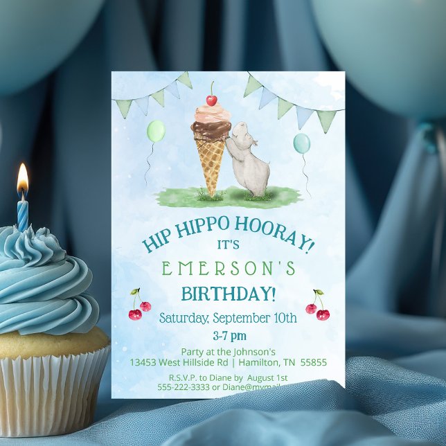 Hip Hippo Hooray Birthday Party Invitation (Hip Hippo Hooray Birthday Party Invitation with cherries and Balloons)