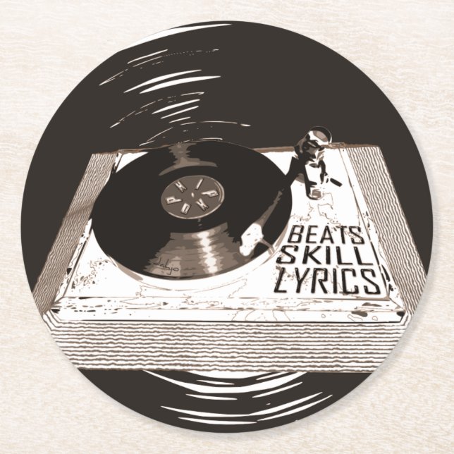 HIP HOP BEATS SKILL LYRICS ON TURNTABLE PAPER PLAT ROUND PAPER COASTER (Front)