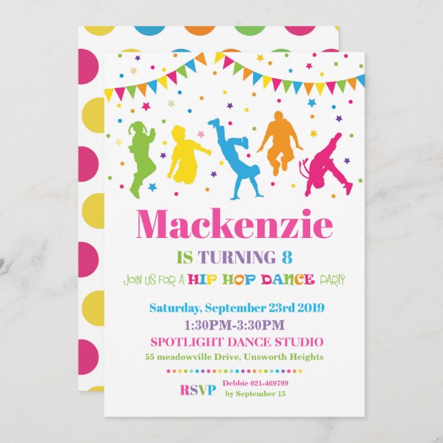 Hip Hop Dance Birthday Party Invitation Girl (Front/Back)
