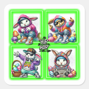 Hip Hop Easter Bunny Buddies, Music, Neon Green Square Sticker