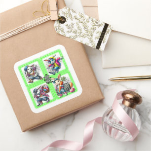 Hip Hop Easter Bunny Buddies, Music, Neon Green Square Sticker