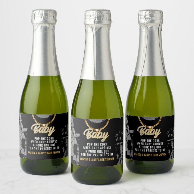 Hip Hop Gold Chain Baby Shower Sparkling Wine Label (Bottles)