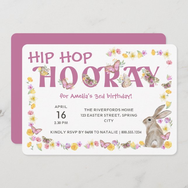 Hip Hop Hooray Girl's Birthday Bunny and Butterfly Invitation (Front/Back)