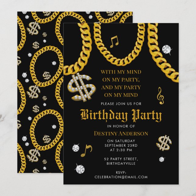 Hip Hop Music Gold Cuban Link Chain 90's Birthday Invitation (Front/Back)