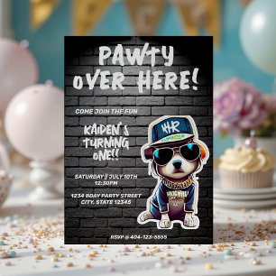 Hip Hop Puppy Dog Brick Wall First Birthday Party Invitation