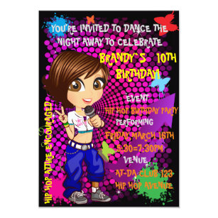 hip hop rapper girl green orange cartoon invitation