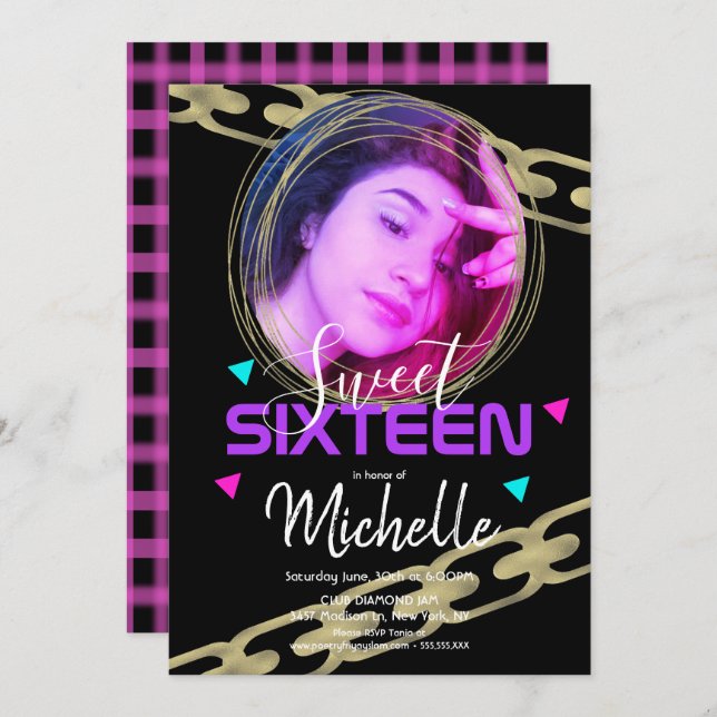 Hip Hop Sweet Sixteen Gold Ring Confetti Photo Invitation (Front/Back)