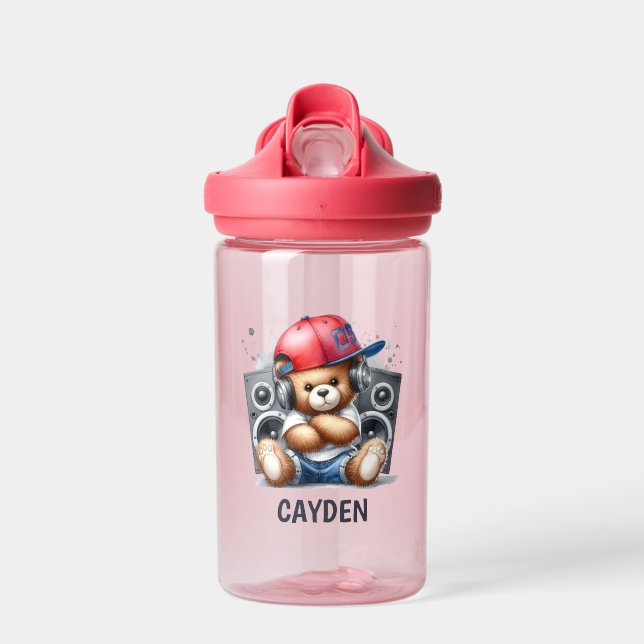Hip Hop Teddy Bear Custom Kids Water Bottle (Front)