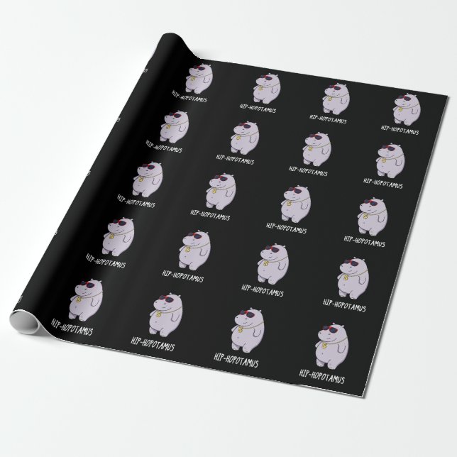 Hip-Hopotamus Funny Hippo Pun Dark BG Wrapping Paper (Unrolled)