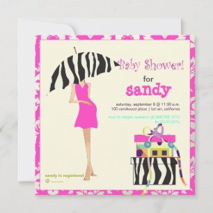 Hip mama, hot pink damask/zebra baby shower invitation