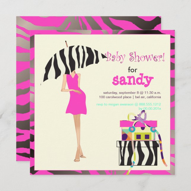 HIP MAMA, SILVER PINK ZEBRA BABY SHOWER INVITES (Front/Back)