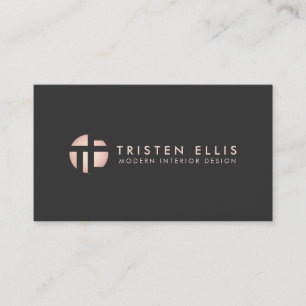 Hip Modern Retro Rose Gold Monogram Designer Black Business Card