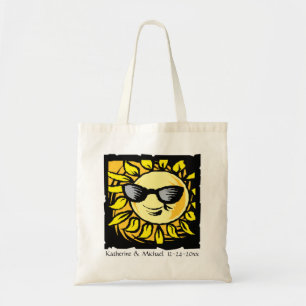 Hip Modern Sun Bride Groom Custom Wedding on White Tote Bag