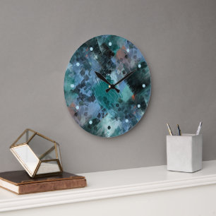 Hip Modern Teal Green Violet Blue Brushstrokes Art Large Clock