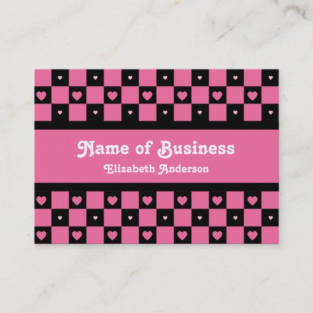 Hip Pink and Black Hearts Stylish Chequered Patter Business Card (Front)