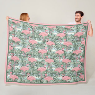Hip Pink Flamingoes Cute Palm Leafs Art Pattern Fleece Blanket