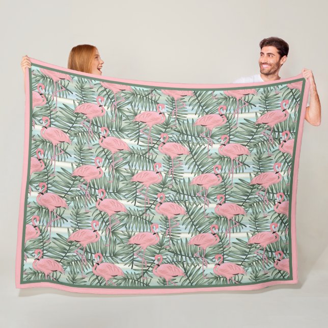 Hip Pink Flamingoes Cute Palm Leafs Art Pattern Fleece Blanket (In Situ)