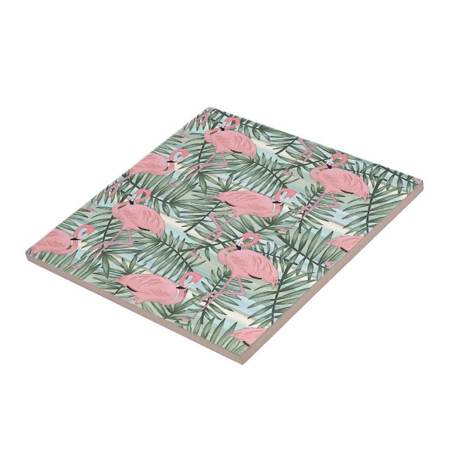 Hip Pink Flamingoes Cute Palm Leafs Pattern Ceramic Tile (Side)