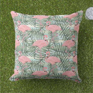 Hip Pink Flamingoes Cute Palm Leafs Pattern Outdoo Cushion