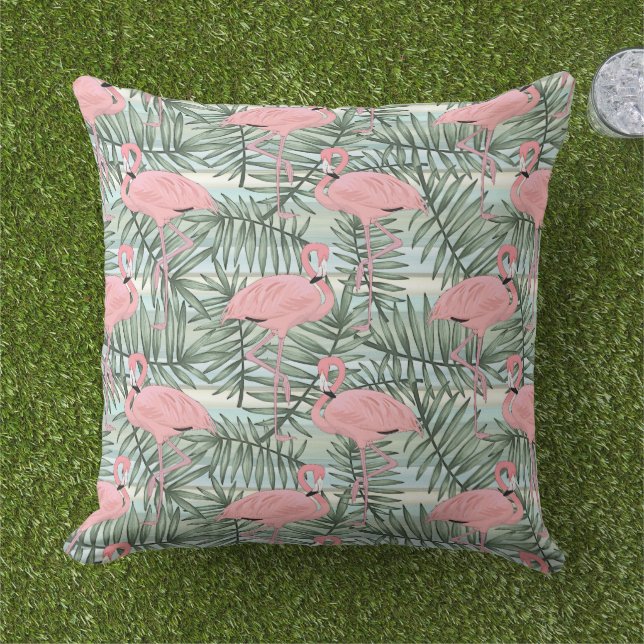 Hip Pink Flamingoes Cute Palm Leafs Pattern Outdoo Cushion (Grass)