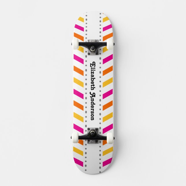 Hip Pink Orange and Yellow Chevron Stripes Skateboard (Front)