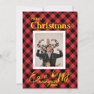 Hip Red Buffalo Plaid Holiday Photo Christmas Card