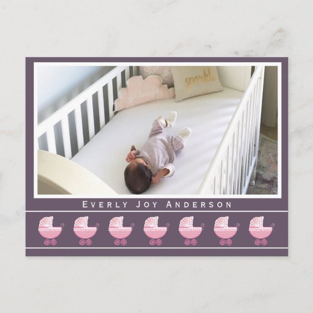 Hip Retro Pink Baby Buggy Baby Girl Photo Announcement Postcard (Front)
