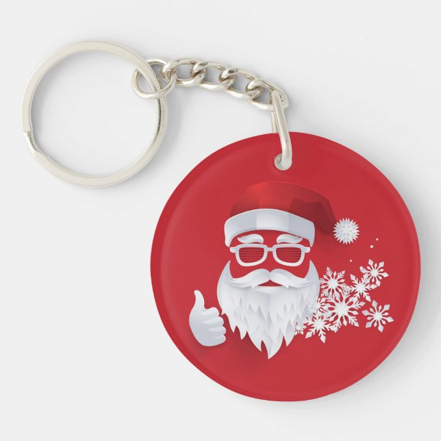 Hip Santa Claus Papercut on Red Christmas Key Ring (Front)
