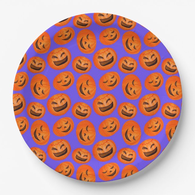 Hip spooky pumpkin Halloween party supplies blue Paper Plate (Front)