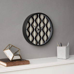 Hip Taupe Beige Sand Grey Ogee Black Waves Art Clock